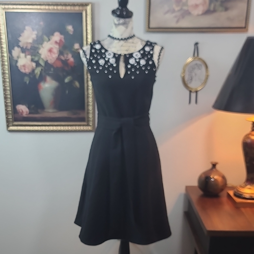Roz & Ali Black Dress with White Floral Accents Beaded Rinestones And Pearls